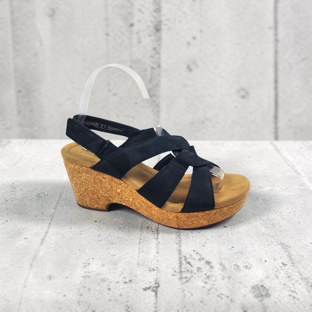 Clarks Collection Womens 9 M Black Strappy Cork Wedge Sandals 261670014065